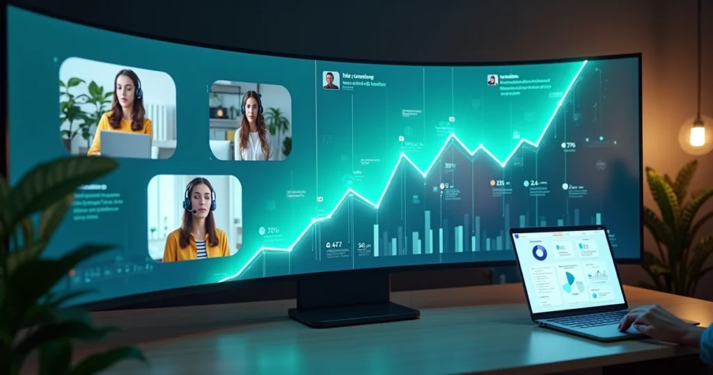 Equipe de atendimento remoto gerenciando pico de demandas em painel digital